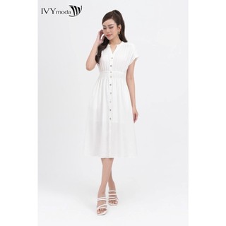 Đầm lụa xòe phối khuy nữ IVY moda MS 48M8256