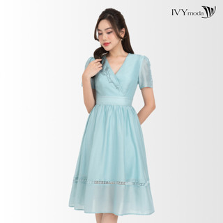 Đầm lụa xòe cổ v nữ ivy moda ms 48m6598