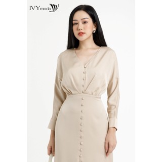 Đầm lụa trơn phối khuy bọc IVY moda MS 48M7159