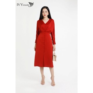 Đầm lụa trơn phối khuy bọc IVY moda MS 48M7159