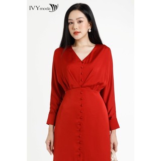 Đầm lụa trơn phối khuy bọc IVY moda MS 48M7159