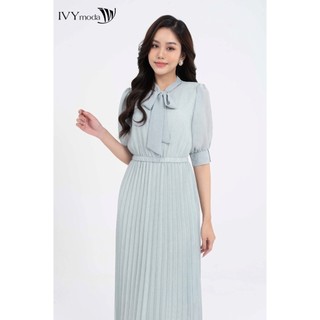 Đầm lụa xòe cổ buộc nơ nữ IVY moda MS 48T0218