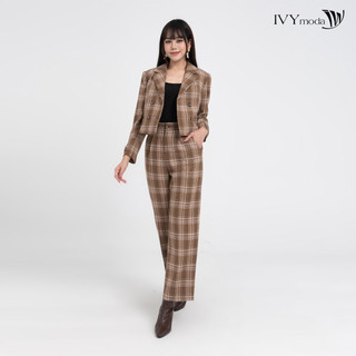 Quần dạ ống suông họa tiết kẻ nữ ivy moda ms 22m8234