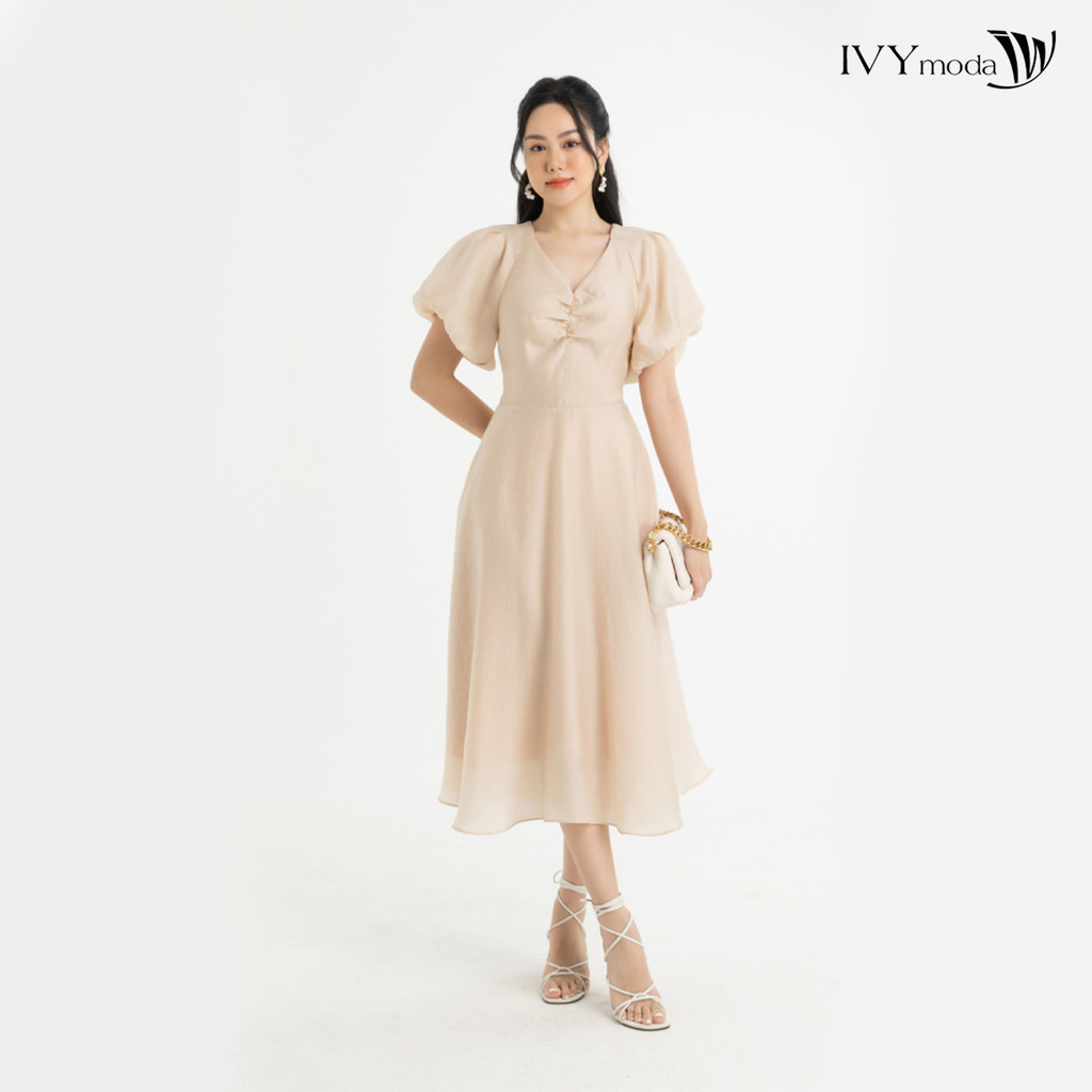 Đầm lụa xòe tay phồng IVY moda MS 48M7589