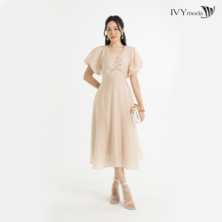 Đầm lụa xòe tay phồng ivy moda ms 48m7589