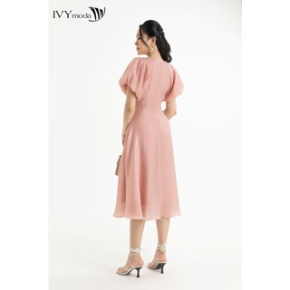 Đầm lụa xòe tay phồng IVY moda MS 48M7589