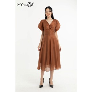 Đầm lụa xòe tay phồng IVY moda MS 48M7589