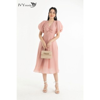 Đầm lụa xòe tay phồng IVY moda MS 48M7589