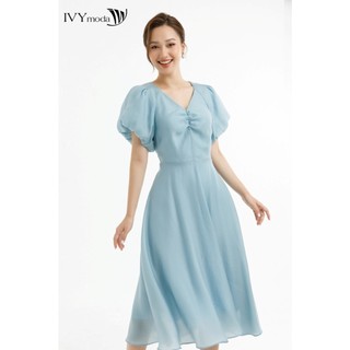 Đầm lụa xòe tay phồng IVY moda MS 48M7589