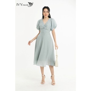 Đầm lụa xòe tay phồng IVY moda MS 48M7589