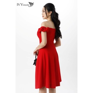 Đầm lụa trễ vai nhấn chun IVY moda MS 48B9287