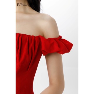 Đầm lụa trễ vai nhấn chun IVY moda MS 48B9287