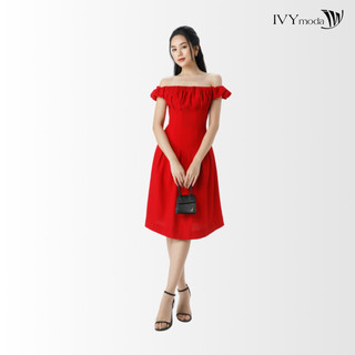 Đầm lụa trễ vai nhấn chun IVY moda MS 48B9287