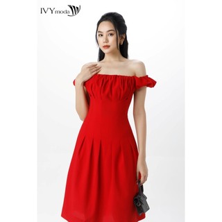 Đầm lụa trễ vai nhấn chun IVY moda MS 48B9287