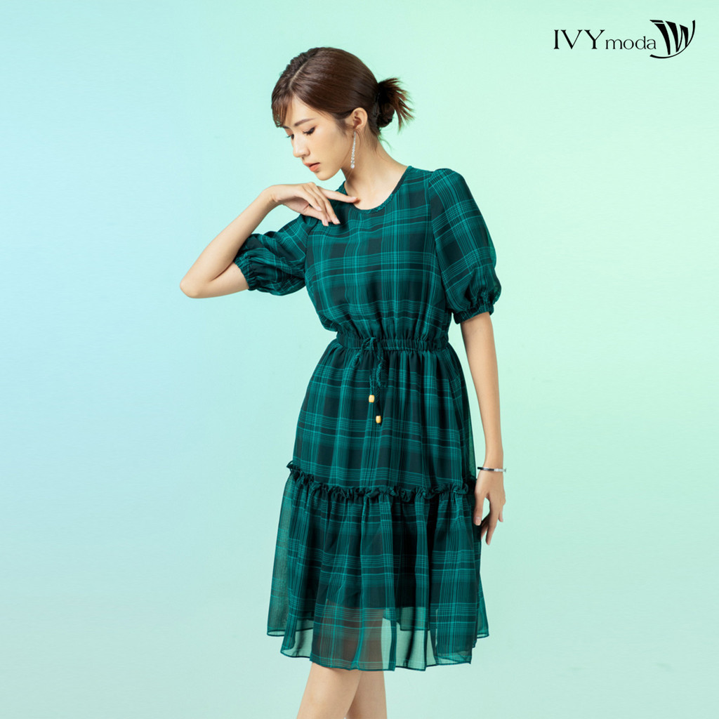 Đầm lụa xòe eo rút dây IVY moda MS 48M7543