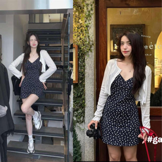 Set váy 2 dây hoa nhí  ngực vạt chéo phối cadigan trắng dáng ngắn cho nữ mới phong cách tiểu thư xinh xắn cho nữ