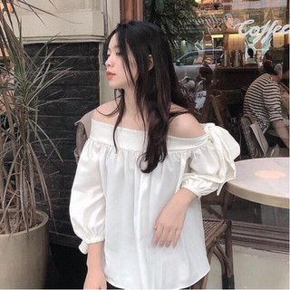 Áo trễ vai tay dài buộc nơ điệu xinh xắn chất đũi mát cho nữ 3 màu mặc đi chơi , đi biển cực xinh