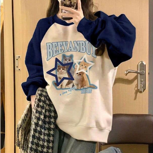 Áo sweater Konova nỉ cổ tròn chất nỉ dày dặn in hình mèo dễ thương dáng rộng unisex nam nữ mặc được 