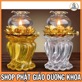 Đèn dầu xoắn cát tường chân thủy tinh hoa sen cao 15cm_phật giáo dương khoa