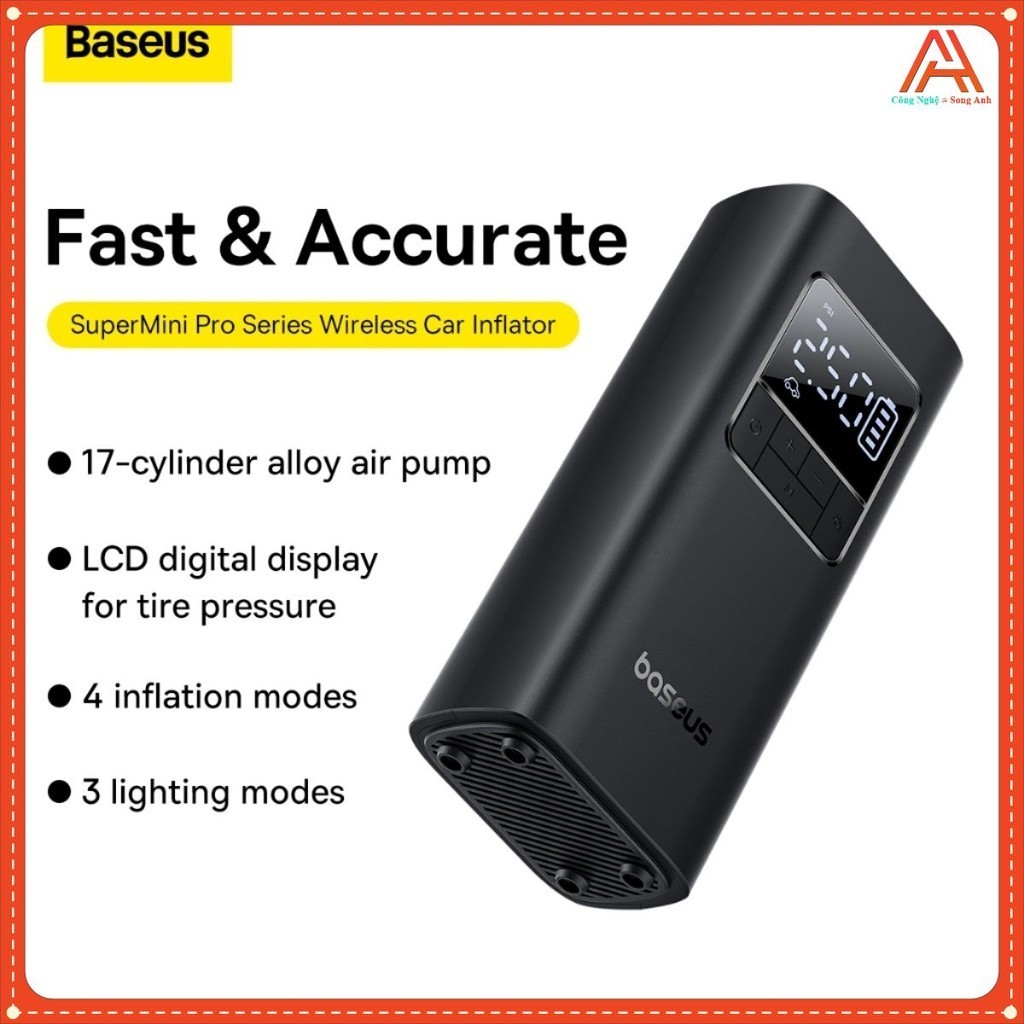 Bơm Tích Điện Cầm Tay Cho Ô Tô,Xe Máy Baseus SuperMini Pro Car Inflator Pin 4000mah 6-8p Lốp R175 Dừ