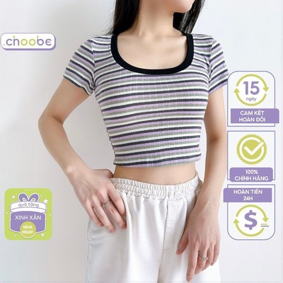 Áo phông nữ Choobe cổ tròn sâu cộc tay form đẹp thun trơn co giãn tốt phong cách kẻ sọc A101