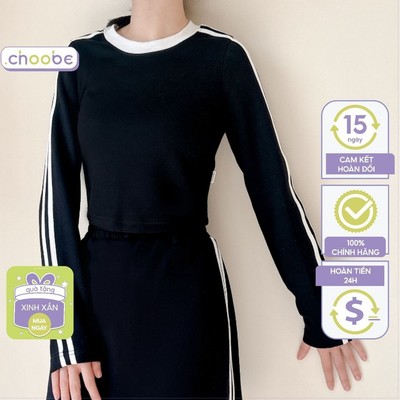 Áo croptop thể thao nữ Choobe cổ tròn dài tay giữ nhiệt kiểu ôm body vải dày dặn A112