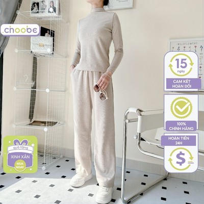 Set đồ nữ Choobe giữ nhiệt bộ thu đông quần áo dài tay vải lông mềm mịn áo cổ leo kèm quần ống đứng Q86 + A116