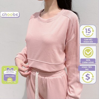 Áo dài tay nữ Choobe cổ tròn nhẹ dáng lửng suông rộng thoải mái croptop mềm mại kiểu năng động A106