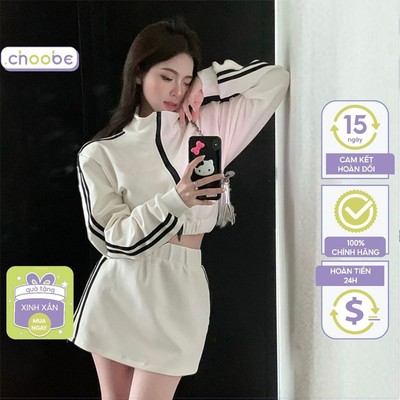 Set đồ nữ Choobe bộ thể thao áo khoác kèm chân váy cổ bẻ khóa kéo phối sọc tôn dáng AK22 + CV22