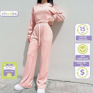 Set đồ nữ Choobe bộ thu đông quần áo dài tay vải len tăm dài tay kèm quần ống rộng Q75 + A106