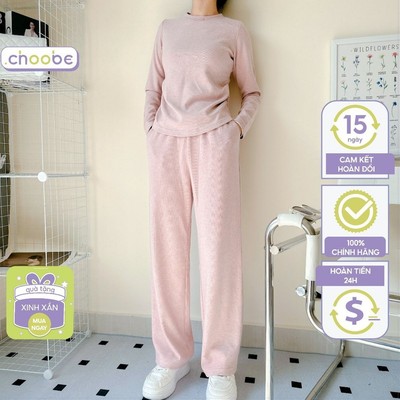 Set đồ nữ Choobe giữ nhiệt bộ thu đông quần áo dài tay vải len lông kiểu nhún eo kèm quần Q86 + A126