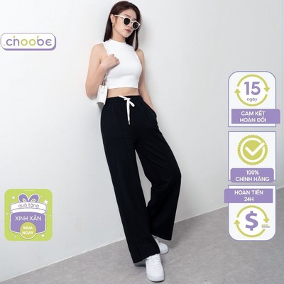 Quần ống rộng nữ Choobe vải cotton sợi đan dáng suông phối gân giữa cá tính năng động Q55