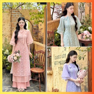 Áo dài cách tân nữ 4 tà vạt lệch hoạ tiết hoa nhí cổ yếm thắt nơ tay von bồng xinh xắn dễ thương, Áo dài nữ màu Hồng