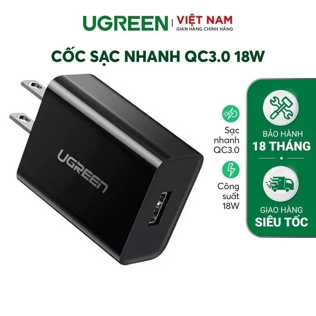Cốc sạc nhanh QC3.0 18W chân cắm chuẩn US UGREEN 20904