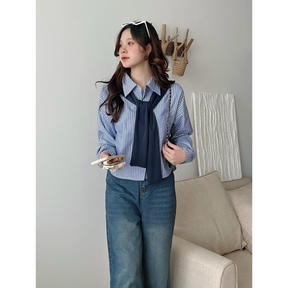 (Luna Vintage) Áo sơ mi kèm khăn rời, Áo somi kẻ sọc dáng ngắn basic sang chảnh đi học, đi làm