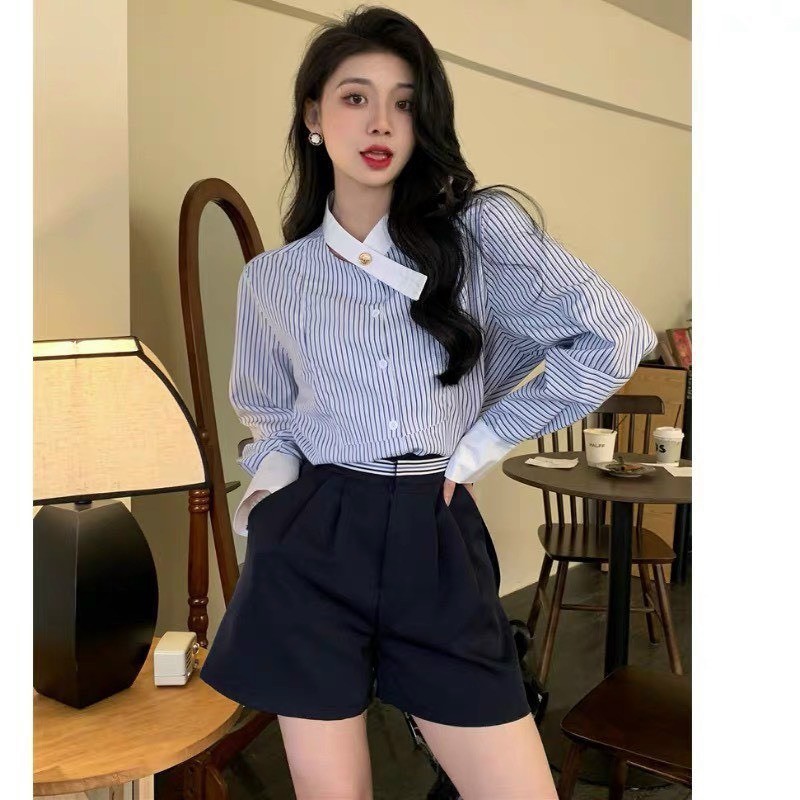 (Luna Vintage) Áo sơ mi cổ vạt chéo tay bồng phom rộng, áo sơ mi vạt chéo kiểu Hàn Quốc công sở, thanh lịch