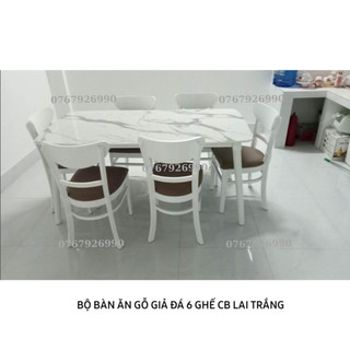 Bộ bàn ăn cơm 6 ghế trắng, bàn ăn gỗ giả đá kết hợp ghế mặt trăng siêu sang và sáng - Thương hiệu Ngọc Mai