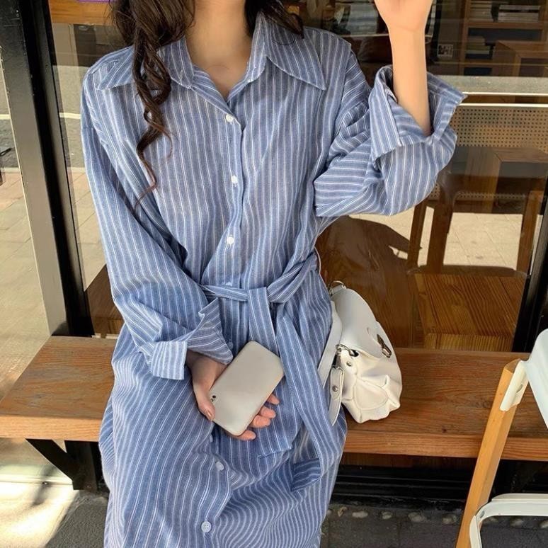 (Luna Vintage) Váy sơ mi kẻ sọc tặng kèm đai, váy polo dáng rộng basic