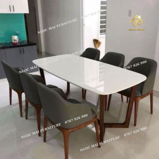 Bộ bàn ăn đá 6 ghế grace có tay - bàn ăn mặt đá thời thượng - bh 2 năm
