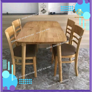 Bộ bàn ăn gỗ cau su tự nhiên, bàn ăn 4 ghế gỗ chân tròn - Bảo hành 12 tháng
