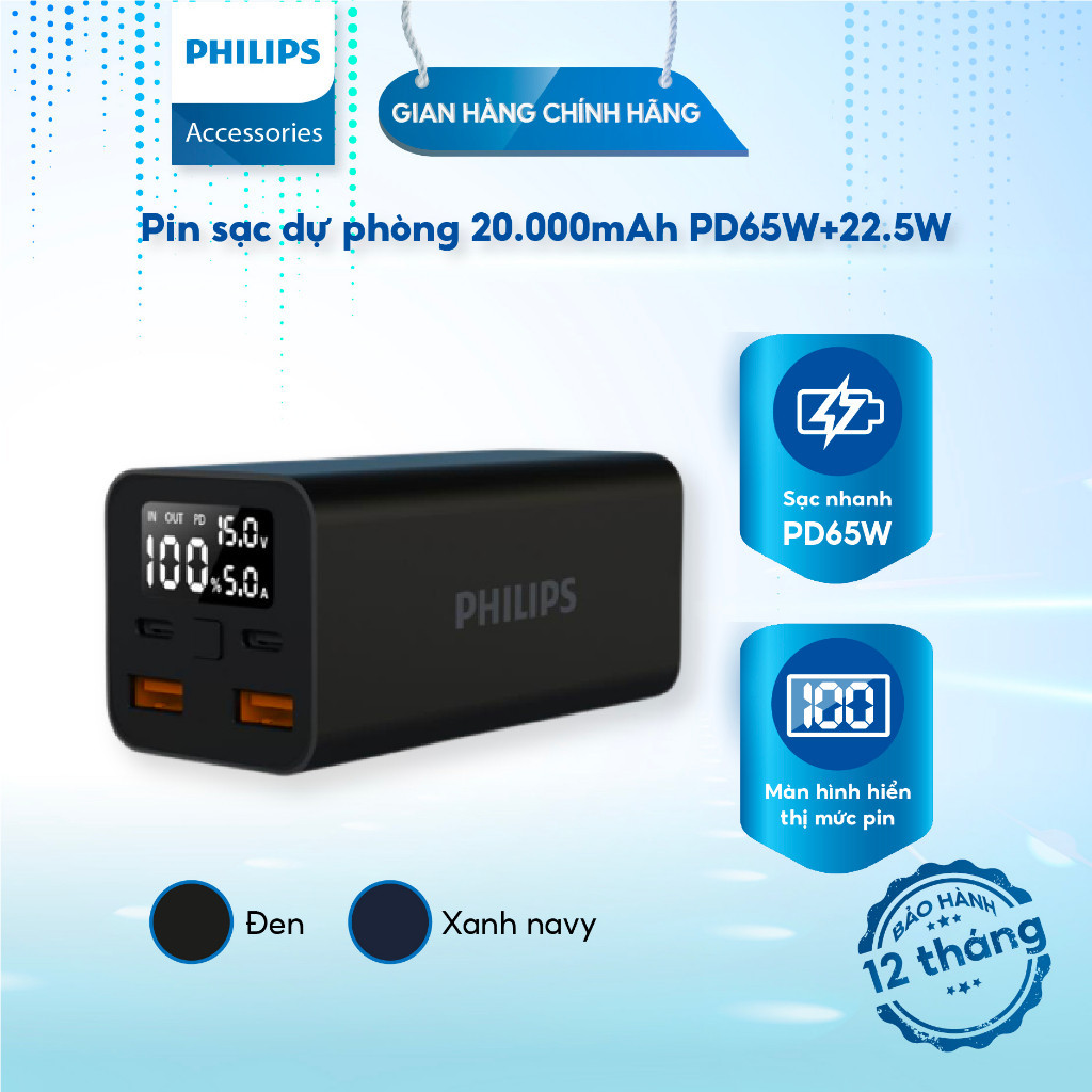 Pin sạc dự phòng Philips DLP5721 20.000mAh USB-A 27W, 2 cổng USB-C hỗ trợ PD lên đến 65W