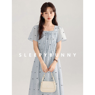 [Order theo yêu cầu] Đầm dài chấm cổ vuông ngắn tay chiết eo váy kiểu dài (SLEEPY BUNNY)