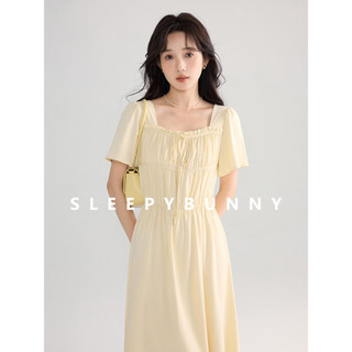 [Order theo yêu cầu] Váy dài cổ vuông ngắn tay mùa hè chiết eo nhẹ nhàng đầm kiểu dài (SLEEPY BUNNY)