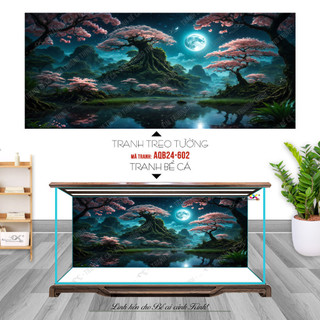 Tranh 3d koifish - tranh 3d dán bể cá - rừng núi về đêm - in mọi kích thước - decal hồ cá
