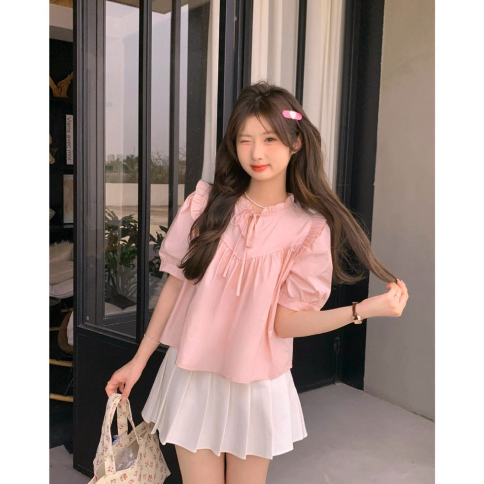 Áo babydoll ngắn tay bèo cổ buộc nơ thân trước bổ cúp V bồng nhún phong cách Hàn Quốc | BigBuy360 - bigbuy360.vn