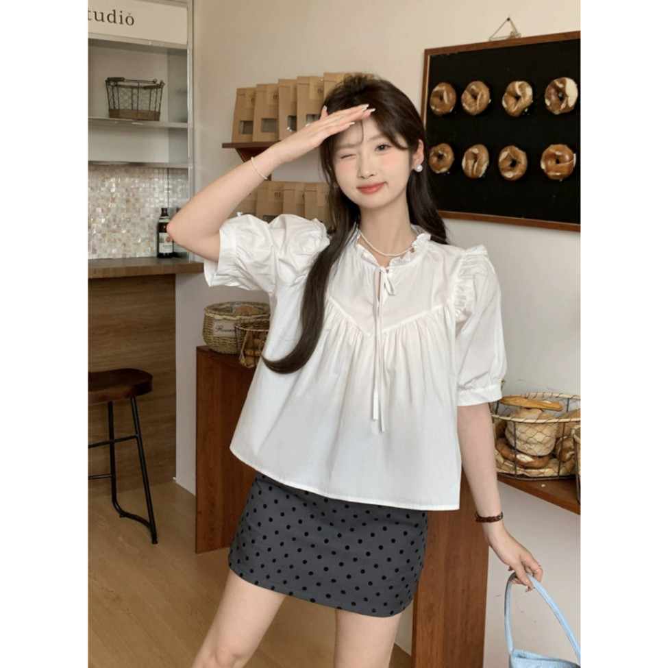 Áo babydoll ngắn tay bèo cổ buộc nơ thân trước bổ cúp V bồng nhún phong cách Hàn Quốc | BigBuy360 - bigbuy360.vn