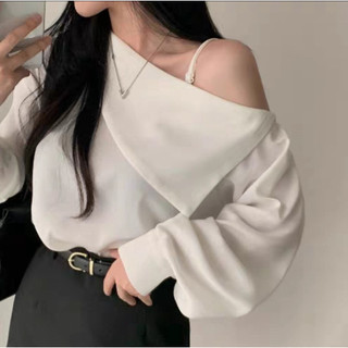 Áo sơ mi trắng trễ vai cổ lệch dài tay dáng rộng phong cách Hàn Quốc phù hợp đi học đi chơi đi làm