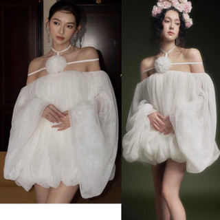 Đầm Trắng Trễ Vai Dáng Rộng Đính Hoa HAMY.FASHION Đầm Bánh Bèo Chất Vải Tơ Màu Trắng Cao Cấp Đẹp Quyến Rũ ,Sang Trọng