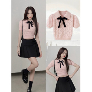 Áo len hồng crop bề mặt len hoạ tiết quả trám buộc nơ YURI YURI TOP/PK PHIÊN BẢN MỚI NHẤT 2024 Qc22