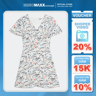 Ninomaxx đầm họa tiết nữ cổ tim dáng xòe 2304007